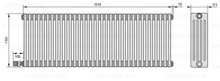 Схема (чертеж) Радиатор Zehnder Charleston 5110/33 №V003 Белый глянцевый RAL 9016